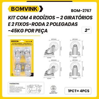 KIT 4 RODIZIOS - 2 GIRATORIOS E 2 FIXOS - RODA 2 POLEGADAS BOMVINK