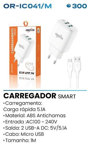CARREGAMENTO RAPIDO 5.1A USB 2PORTAS 1M OBERON