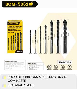 JOGO DE 7 BROCAS MULTIFUNCIONAIS COM HASTE SEXTAVADA 7 PCS BOMVINK