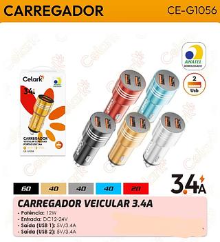 CARREGADOR VEICULAR COM DUAS PORTAS USB 3.4A CELARK