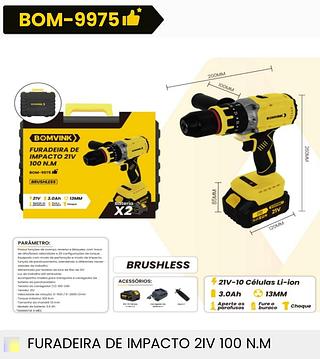 FURADEIRA DE IMPACTO 21V 100 N.M BOMVINK