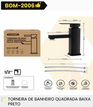TORNEIRA DE BANHEIRO QUADRADA BAIXA PRETO BOMVINK