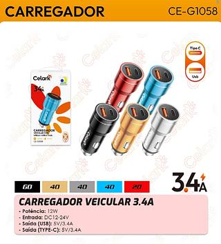 CARREGADOR VEICULAR COM USB-A + USB-C 3.4A 12W CELARK