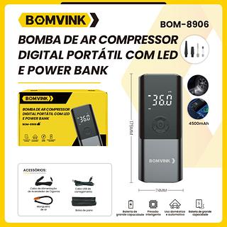 BOMBA DE AR COMPRESSOR DIGITAL PORTATIL COM LED E POWER BANK BOMVINK