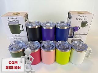 CANECA ISOTÉRMICA INOX COM TAMPA DE PLASTICO 420ML (COM DESIGN)