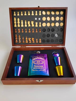 KIT CANTIL DE BOLSO INOX WHISKY JOGO DE XADREZ MALETA LUATEK