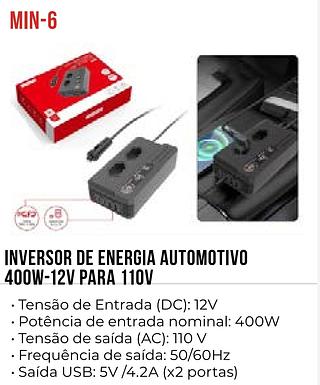 INVERSOR DE ENERGIA AUTOMOTIVO 400W-12V PARA 110V TOMATE