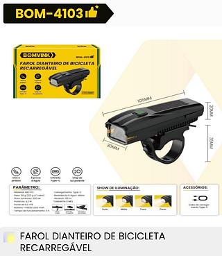 FAROL DIANTEIRO DE BICICLETA RECARREGAVEL BOMVINK