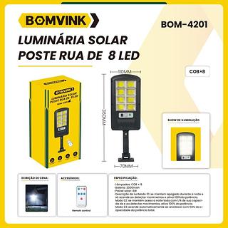 LUMINARIA SOLAR POSTE RUA DE 8 LED BOMVINK