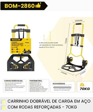 CARRINHO DOBRAVEL DE CARGA EM ACO COM RODAS REFORCADAS-70KG BOMVINK