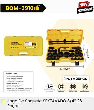 JOGO DE SOQUETE SEXTA VADO 3/4'' 26PECAS BOMVINK