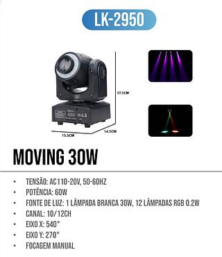 MAVING HEAD SPOT LED 30W 8 CORES FITA DE LED 8 DESENHOS DMX LUATEK