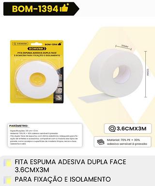 FITA ESPUMA ADESIVA DUPLA FACE 3.6CM*3M PARA FIXACAO E ISOLAMENTO BOMVINK