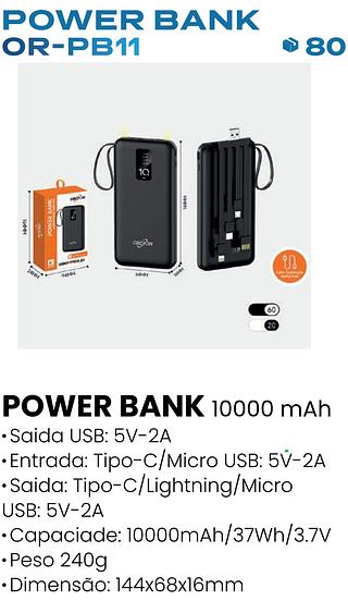 POWER BANK CARREGADOR PORTATIL 10000MAH 2A OBERON
