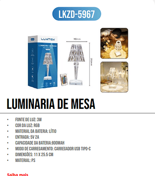LUMINARIA DE MESA RECARREGAVEL LUATEK