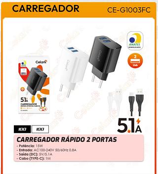 CARREGADOR RAPIDO-2 PORTAS-CABO1M 5.1A CELARK