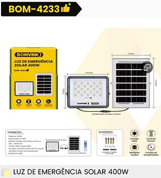 LUZ DE EMERGÊNCIA SOLAR 400W BOMVINK
