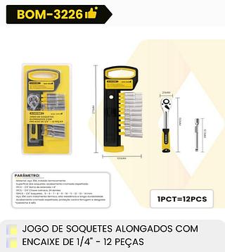JOGO DE SOQUETES ALONGADOS COM ENCAIXE DE 1/4" - 12 PECAS BOMVINK