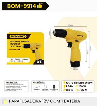 PARAFUSADEIRA 12V COM 1BATERIA BOMVINK