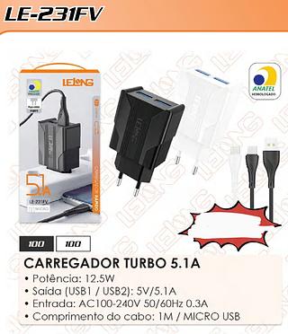 CARREGADOR TIPO-C RAPIDO 5.1A 2 PORTAS LELONG