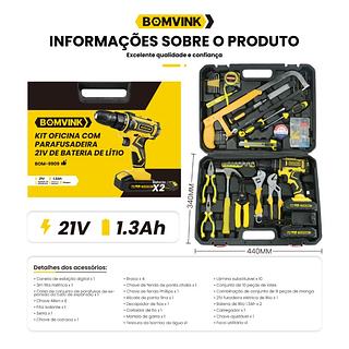 KIT OFICINA COM PARAFUSADEIRA 21V DE BATERIA DE LITIO BOMVINK