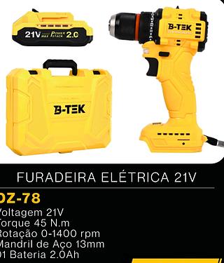 FURADEIRA E PARAFUSADEIRA DE IMPACTO 45N.M B-TEK FERRAMENTAS
