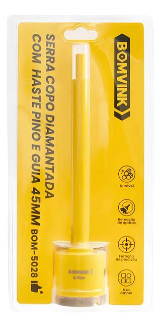 SERRA COPO DIAMANTADA COM HASTE PINO E GUIA 45MM BOMVINK