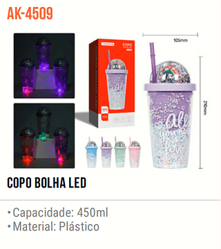 COPO BOLHA LED 450ML MATERIAL PLASTICO TOMATE