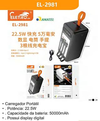 CARREGADOR POWER BANK 22.5W TURBO 50000MAH ELETROMEX
