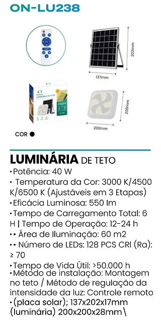 LUMINARIA DE TETO SOLAR 40W ONISTEK