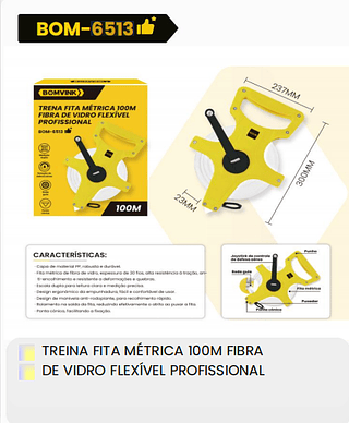 TRENA FITA METRICA 100M FIBRA DE VIDRO FLEXÍVEL PROFISSIONAL BOMVINK
