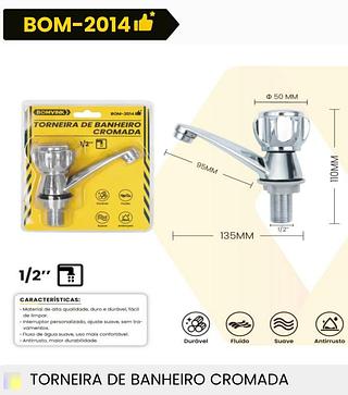 TORNEIRA DE BANHEIRO CROMADA 1/2'' BOMVINK