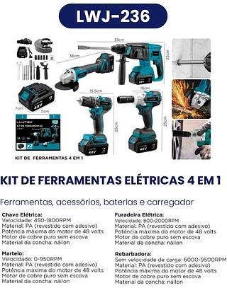 KIT DE FERRAMENTOS 4 EM 1 BATERIA 2X 48V TENSÃO LUATEK