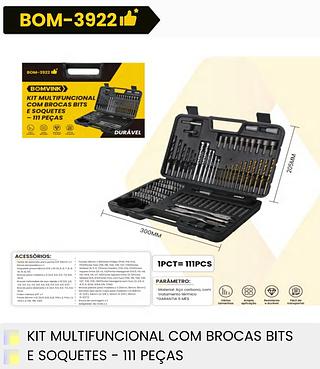 KIT MULTIFUNCIONAL COM BROCAS BITS E SOQUETES 111PECAS BOMVINK