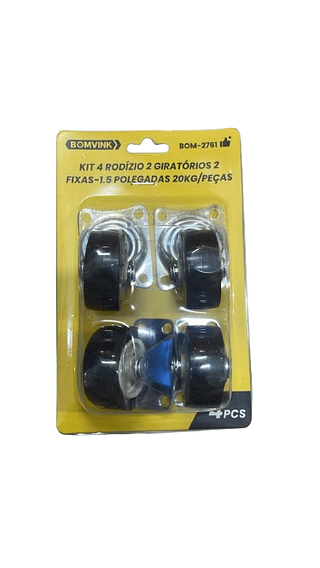KIT 4 RODIZIO 2 GIRATORIOS 2 FIXAS - 1.5 POLEGADAS 20KG/PEÇAS BOMVINK