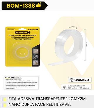 FITA ADESIVA TRANSPARENTE 1.2CM*2M NANO DUPLA FACE REUTILIZAVEL BOMVINK