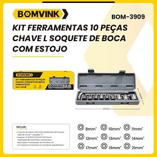 KIT FERRAMENTAS 10 PEÇAS CHAVE L SOQUETE DE BOCA COM ESTOJO BOMVINK