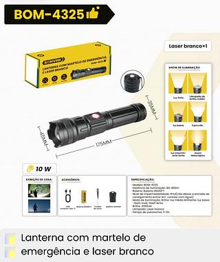 LANTERNA COM MARTELO DE EMERGÊNCIA E LASER BRANCO BOMVINK