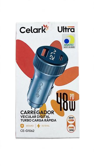 CARREGADOR VEICULAR DIGITAL TURBO CARGA RAPIDA 48W PD ULTRA CELARK