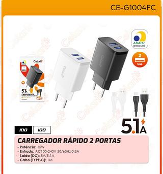 CARREGADOR RAPIDO-2 PORTAS-CABO1M 5.1A CELARK