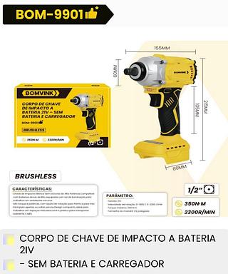 CORPO DE CHAVE DE IMPACTO A BATERIA 21V SEM BATERIA E CARREGADOR BOMVINK