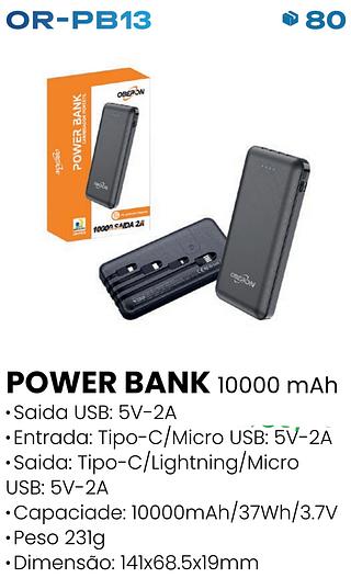 POWER BANK CARREGADOR PORTATIL 10000MAH 2A OBERON