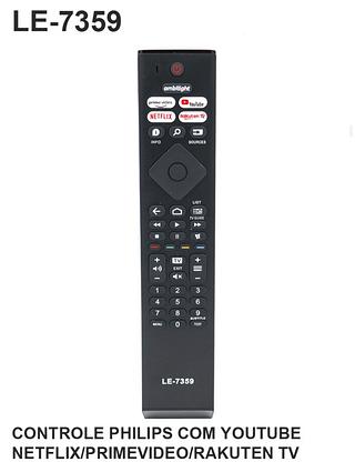 CONTROLE REMOTO PHILIPS COM YOUTUBE/NETFLIX/PRIME VIDEO/RAKUTE TV LELONG