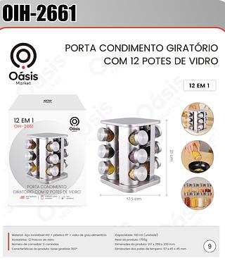 PORTA CONDIMENTO GIRATORIO COM 12 POTES VIDRO OÁSIS MARKET