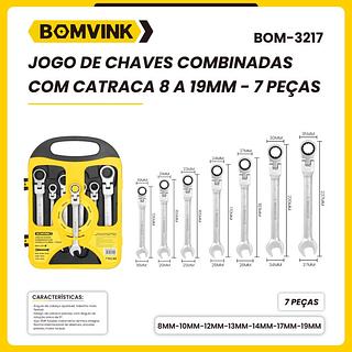 JOGO DE CHAVE COMBINADAS COM CATRACA 8 A 19MM 7 PEÇAS BOMVINK