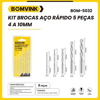 KIT BROCAS AÇO RAPIDO 5 PEÇAS 4 A 10MM BOMVINK
