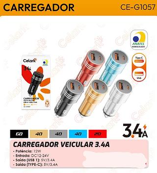 CARREGADOR VEICULAR COM USB-A + USB-C 3.4A CELARK