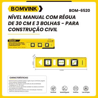 NIVEL MANUAL COM REGUA DE 30CM E 3 BOLHAS PARA CONSTRUÇAO CIVIL BOMVINK