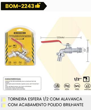 TORNEIRA ESFERA 1/2 COM ALAVANCA COM ACABAMENTO POLIDO BRILHANTE BOMVINK
