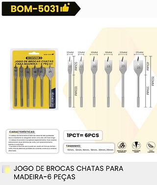 JOGO DE BROCAS CHATAS PARA MADEIRA 6PECAS BOMVINK